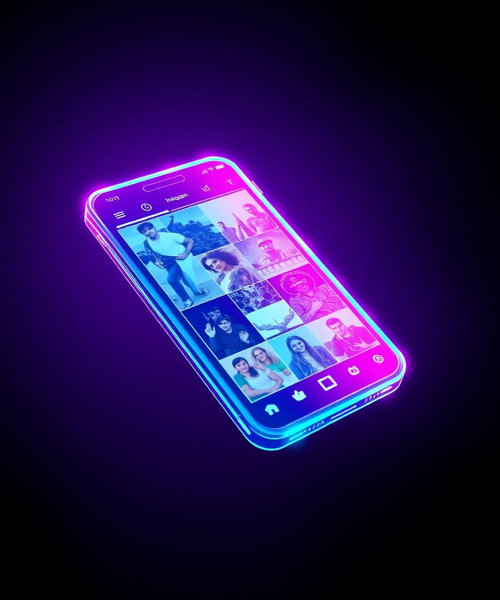 Instagram feed shown on a neon phone